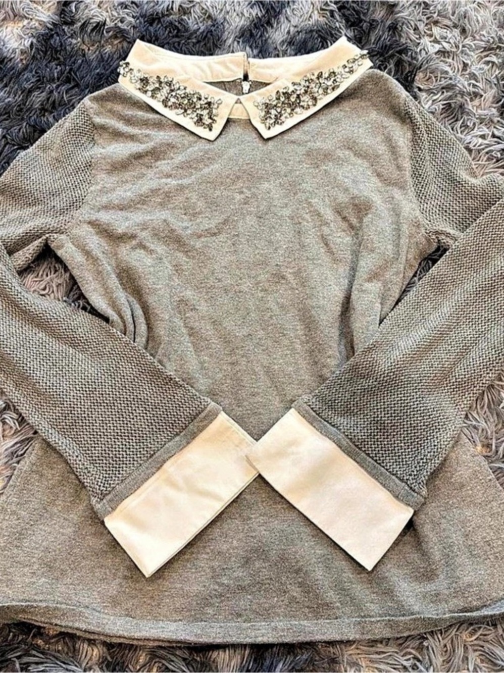 Belldini  Embellished Collar Long Sleeve Top in Gray & Cream Size Medium